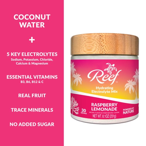 Reef Replenish Hydrating Electrolyte Drink Mix - Raspberry Lemonade, 30 Servings - Hydration Powder w/Coconut Water - Non-GMO, No Added Sugar, 5 Key Electrolytes + Vitamins, Natural Trace Minerals
