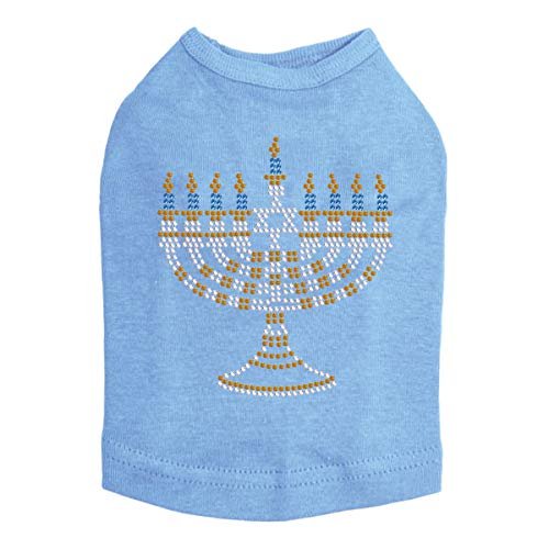 Menorah - Small - (Blue, Silver, & Gold) - Bling Rhinestone Hanukkah Dog Shirt, S Blue