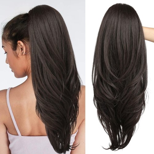SEIKEA Versatile Drawstring Ponytail Extension, 26" Long Wavy Multi Layered Clip in Ponytail Hair Extensions Stand Up High Fake Pony Tail Soft Natural Synthetic Hairpiece for Women Black Brown