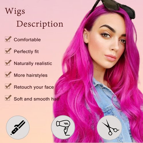 Amnenl Rose Red Hot Pink Curly Wigs Long Wavy Wigs for Women Natural Middle Part Synthetic Wig for Halloween Cosplay Wigs