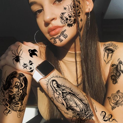 GOROMON 6 Sheets Chicano Temporary Tattoos For Women Men Adults Halloween Face Makeup Kit, Black Guadalupe Tattoo Stickers, Gangster Payasa Gansta Fake Tatoos Prison Familia Joker, Tatuajes Temporales