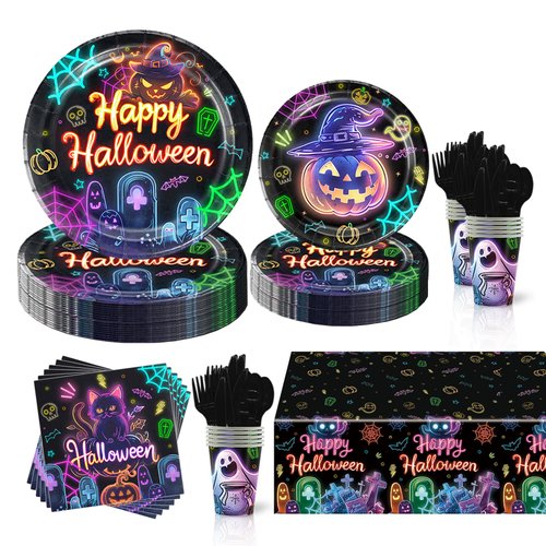 Halloween Plates and Napkins Party Supplies,169Pcs Pumpkin Paper Plates for Halloween Includes Disposable Paper Plates, Napkin, Fork, Knives Spoons Cup, Table cloth for 24 Guests