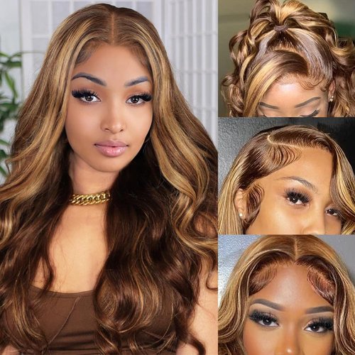 18inch Ombre Lace Front Wig Human Hair 13x6 HD Highlight Body Wave Lace Front Wigs Human Hair Pre Plucked With Baby Hair 180% Density 4/27 Honey Blonde Wig Human Hair Colored Wig for Black Women