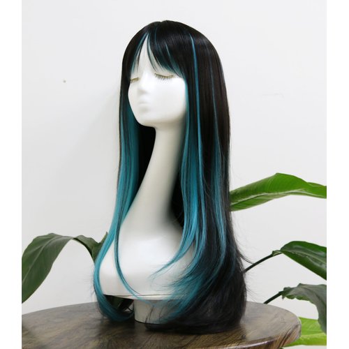 Blue Highlights With Black Mixed Synthetic Heat Resistant Fringe Wig Loose Wavy Body Wave Wigs With Bangs For Girls Fashion Party Wig Costume Wigs
