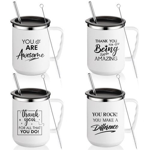Sumind 6 Pcs Thank You Employee Appreciation Gifts Bulk 17 oz Inspirational Stainless Steel Coffee Mugs with Handle Lid Straw for Staff Employee Coworker Teacher Gifts(White, 4 Pcs)