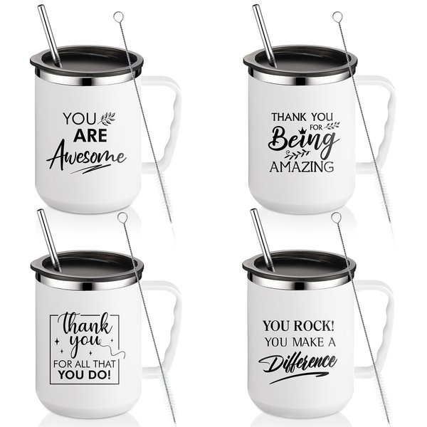 Sumind 6 Pcs Thank You Employee Appreciation Gifts Bulk 17 oz Inspirational Stainless Steel Coffee Mugs with Handle Lid Straw for Staff Employee Coworker Teacher Gifts(White, 4 Pcs)