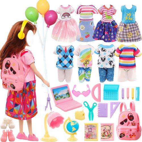 30 PCS 6 Inch Doll Clothes and School Playset with Ballons 3 Girl Dresses 3 Boy Outfits 2 Pair of Shoes and 19 Pcs Study Supplies for 6 Inch Doll in Random