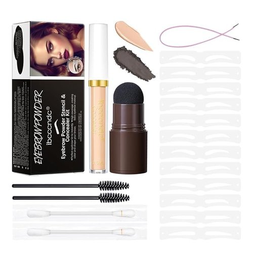 Eyebrow Stencil Kit, One Step Brow Powder Stamp Makeup with 12 Reusable Eyebrow Stencils＆1 liquid concealer, Professional Waterproof Brow Powder Stamp (#3 Dark brown)