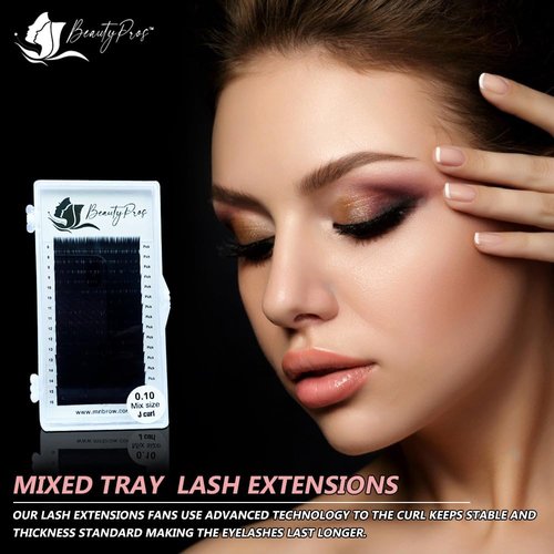 BeautyPros Professional Eyelash Extension Kit – Curl B,C,D,J & M - Volume Lash Extensions - Eyelash Extensions Supplies Mix Tray (8-16mm) - 0.03,0.05,0.07,0.015, 0.20mm Thickness -Black (C-Curl - 0.03mm)