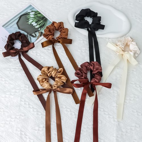 ACO-UINT 6 Pack Hair Scruchies for Women, Bow Silk Scrunchies Cute Scrunchies with Ribbon for Girls, Bow Hair Ties Hair Ribbon Hair Accessories for Women Girls