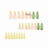 MISUD Long Coffin Press on Nails Spring Ballerina Fake Nails Glossy Glue on Nails Green French Tip Acrylic Nails Bling Glitter Arificial Nails Luxury 3D Butterfly Stick on False Nails 24 pcs