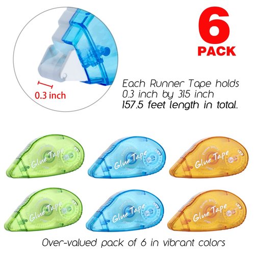 6 Pack Double Sided Tape Roller, Scrapbooking Tape, Permanent Adhesive Tape Dispenser Runner for Crafts and Arts Projects, Photo-Safe, 0.3-inch by 315-Inch