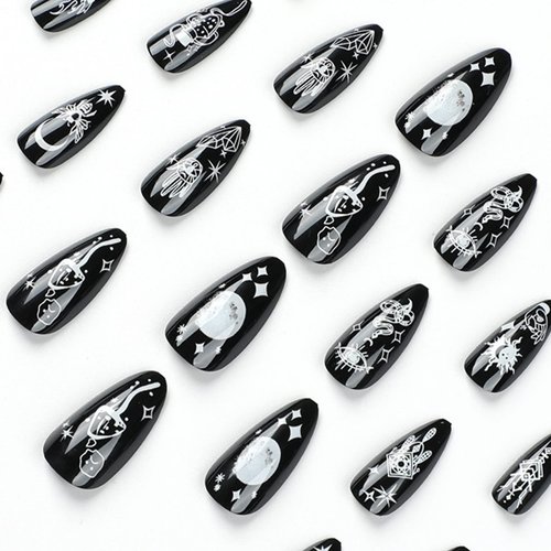 IMSOHOT Almond Press on Nails Medium Stiletto Black Fake Nails with Nail Glue Moon Star False Nails 24Pcs Full Cover Acrylic Nails