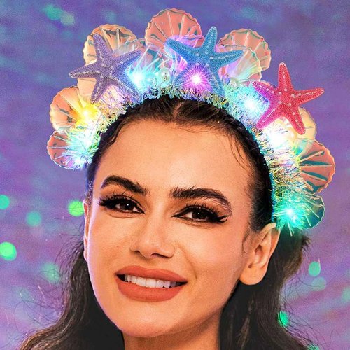 GORTIN Light Up Starfish Headband LED Mermaid Headbands Glow Seashell Hair Band Beach Costume Headwear Hair Accessories for Women