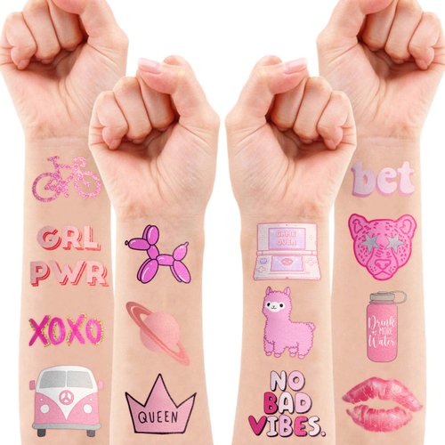 8 Sheet (96Pcs) Pink Pastel Temporary Tattoos for Girls, Birthday Party Decorations Supplies Party Favors Tattoo Sticker Style Sweet Gift for Kids Cute Prizes Themed