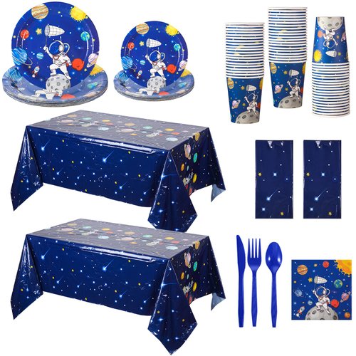 Oudain 162 Pcs Space Birthday Party Decorations for 20 Guests Space Plates and Napkins Party Supplies 2 Plastic Solar System Tablecloth Space Dinnerware Cups Planet Table Cover for Kids