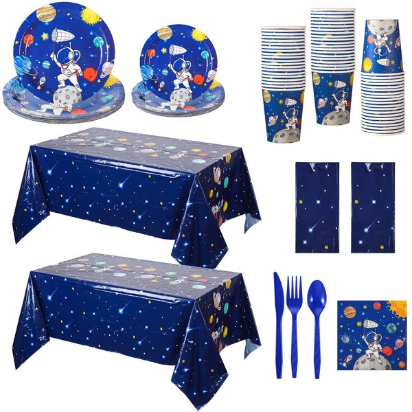 Oudain 162 Pcs Space Birthday Party Decorations for 20 Guests Space Plates and Napkins Party Supplies 2 Plastic Solar System Tablecloth Space Dinnerware Cups Planet Table Cover for Kids