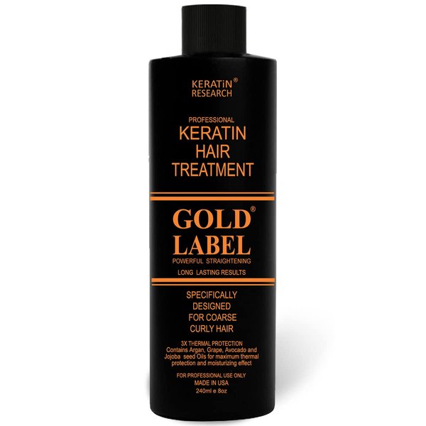 Gold Label Brazilian Keratin Hair Treatment Straightening works on All Hair Types Incl Coarse Thick Dry Frizzy Curly Bleached Dominican Brazilian Indian Strong formula Hair 240ml