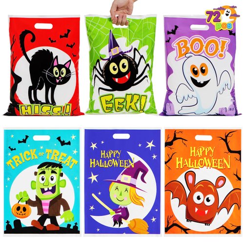 JOYIN 72 PCS Halloween Candy Bag for Trick or Treat, Halloween Treat Bags with 6 Designed Characters, Halloween Plastic Goodie Gift Bags for Party Favors Party Supplies
