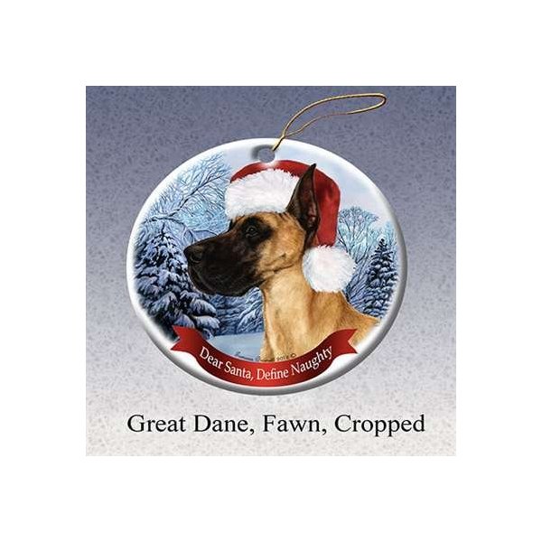 Holiday Pet Gifts Great Dane (Cropped) Fawn Santa Hat Dog Porcelain Ornament