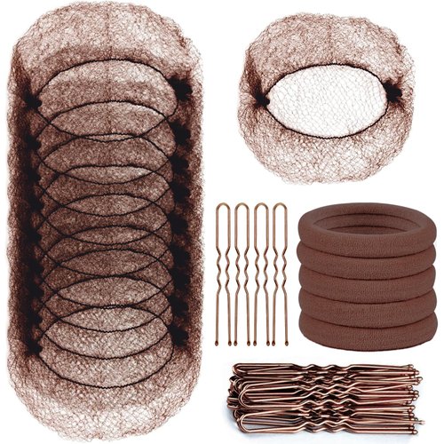 TsMADDTs Hair Nets and U Shaped Pins Set - 30 Hair Nets, 30 2.4 INCH Hair Pins, 5 Hair Bands, Brown