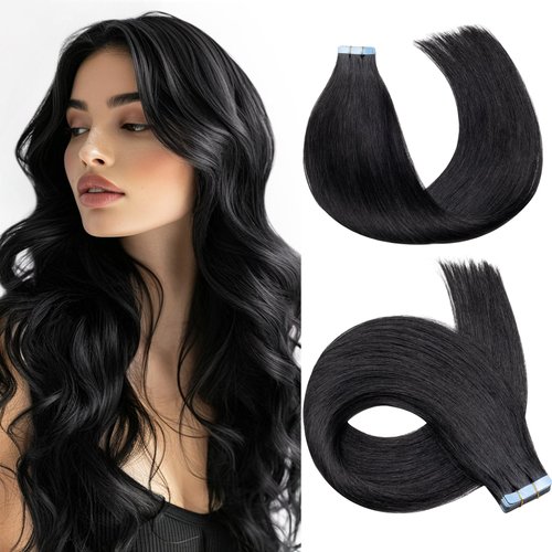 HEHUA Tape in Hair Extensions Human Hair, 1 Jet Black, Tape Hair Extensions, 20 inches 100g 40pcs Straight Seamless Skin Weft, Invisible Tape in Extensions Thick Ends Real Remy Hair Extensions