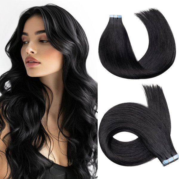 HEHUA Tape in Hair Extensions Human Hair, 1 Jet Black, Tape Hair Extensions, 20 inches 100g 40pcs Straight Seamless Skin Weft, Invisible Tape in Extensions Thick Ends Real Remy Hair Extensions