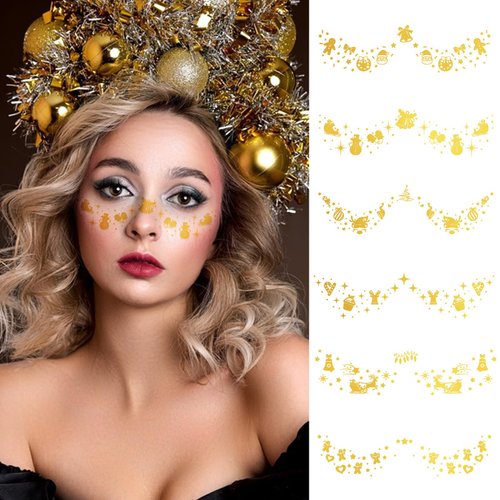 12 Sheets Christmas Gold Glitter Freckles Face Tattoo Stickers Sparkle Face Makeup Patches Waterproof Temporary Tattoos Shiny Gold Foil Flash Face Makeup Accessories for Christmas Makeup Party