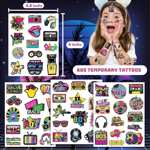 53 PCS 80s Temporary Tattoos, Retro 1980s Hip Hop Party Birthday Decorations Fake Game Console Recorder Tattoo Body Sticker for 80s Birthday Party Favors Supplies Kids Boys Girls Party Bag Filler