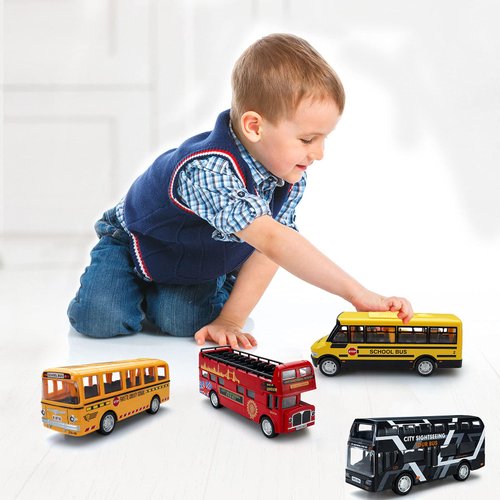 CORPER TOYS Bus Toys Die Cast Metal Toy Cars Pull Back School Bus Double Decker London Vehicles Friction Powered City Sightseeing Tour Bus Play Vehicle Toy Set for Kids 4 Pack