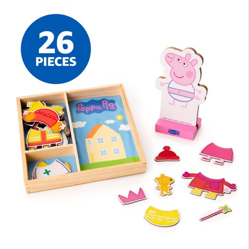Peppa Pig Magnetic Wood Dress Up Doll. Includes 26 Colorful Magnetic Wood Pieces and Wooden Storage Box. Encourages Creative Play with Mix and Match Fun for Preschoolers and Kids Ages 3 and over.
