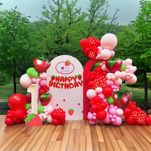 Strawberry Red and Pink balloon garland kit 110pcs with maylar Strawberry birthday banner for Berry first one Two Sweet baby girl fruit theme Birthday Party Decorations