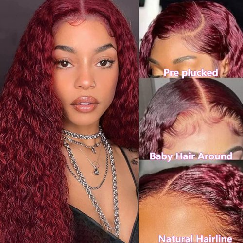 MISSJAY Burgundy 13x4 HD Transparent Lace Front Wigs Human Hair 99J Deep Wave Human Hair Wigs for Black Women Curly Wigs Pre Plucked with Baby Hair 180 Density (20 Inch)