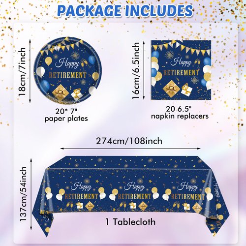 41PCS Retirement Decorations For Women Men Blue Gold Happy Retirement Party Supplies Decor Napkins Plates Tablecloth Tableware Set Serves 20