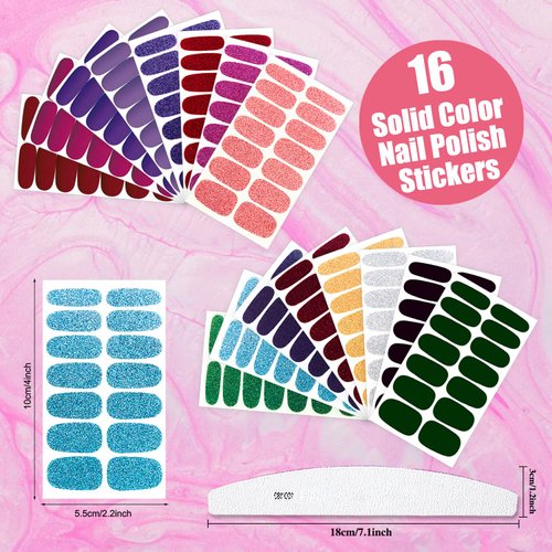 XEAOHESY 224 Pieces 16 Sheets Glitter Solid Color Nail Polish Strips Stickers for Women Colorful Gel Nail Strips Self-Adhesive Nail Stickers Full Nail Wraps for Nail Art with Nail File