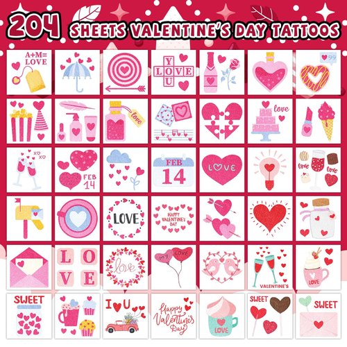 EMOME 204 PCS Valentine's Day Glitter Tattoos for Kids, Individually Wrapped Kids Tattoos Temporary for Girls, Cute Temporary Tattoos for Valentine's Day Accessories Party Decorations Favors Supplies