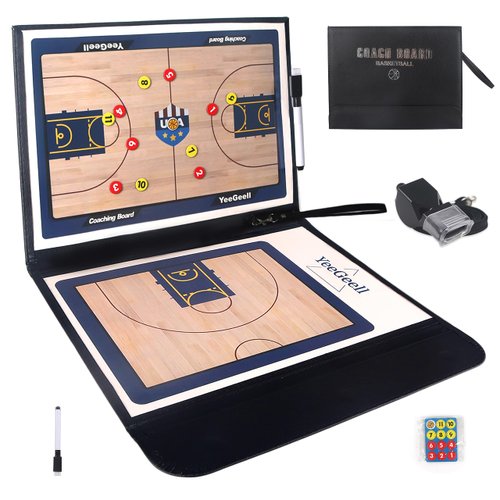 YeeGeell Basketball Clipboard for Coaches Equipment, Portable Tactical Coaching Board Kit Accessories, Mouthguard Whistle, Dry Erase Marker Pen and Zipper Bag