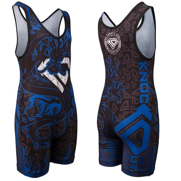 KO Sports Gear - Unisex Wrestling Singlet (Blue Dragon, Youth Medium)