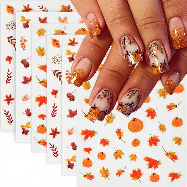 Maple Leaf Nail Art Stickers Autumn Thanksgiving Nail Decals Fall Pumpkin Maple Leaves Nail Design Sticker Self-Adhesive Maple Leaf Nail Sticker Women DIY Holiday Nail Art 6 Sheets