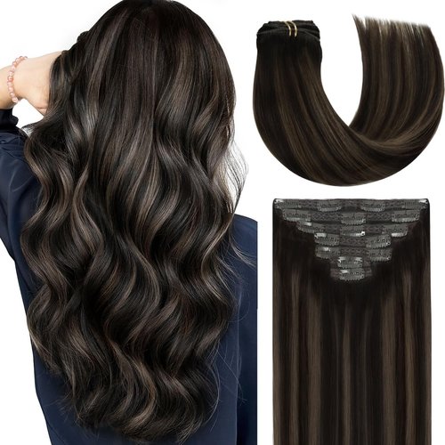 Lacer Human Hair Clip in Extensions Balayage Natural Black to Chestnut Brown Highlight Clip in Extensions Real Human Hair for Women 16 Inch 120g 7Pcs Natural Human Hair