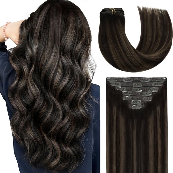 Lacer Human Hair Clip in Extensions Balayage Natural Black to Chestnut Brown Highlight Clip in Extensions Real Human Hair for Women 16 Inch 120g 7Pcs Natural Human Hair