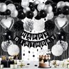 ZERODECO Black White Birthday Party Decorations, Happy Birthday Banner Pompoms White Black Balloon Arch Fringe Curtain Party Décor for Men Women Black and White Birthday Party