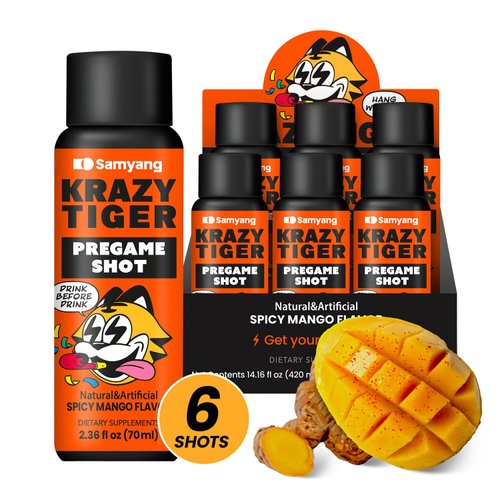 KRAZY TIGER Spicy Mango Energy Shot | Bold Spicy Mango Ginger Energy Drink | Refreshing Morning After Beverage with Electrolytes & Vitamins, Taurine | 2.36 oz (6 Pack)
