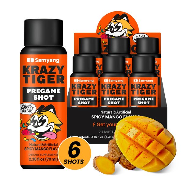 KRAZY TIGER Spicy Mango Energy Shot | Bold Spicy Mango Ginger Energy Drink | Refreshing Morning After Beverage with Electrolytes & Vitamins, Taurine | 2.36 oz (6 Pack)