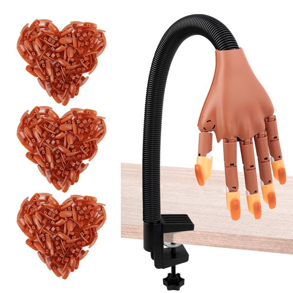 Nail Training Hand for Acrylic Nails, Fake Hand for Nail Practice,Flexible Adjustable Maniquin Hand with 300pcs Nail Refilled Tips for DIY Nail Manicure Supplies Kit