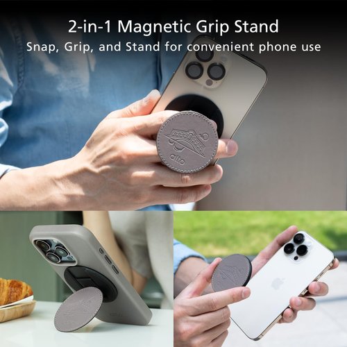 alto Magnetic Round Phone Grip Stand Designed for MagSafe, Italian Leather Phone Grip with Stand Compatible with iPhone 16 15 14 13 12 Series & Phone Cases with Magsafe (Cement Gray)