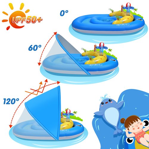 Baby Pool Float with Canopy UPF50+ Sun Protection, 6-24 Months Inflatable Infant Swimming Ring, Bath Floatie, Swimming Pool Accessories, and Toy Play Console with Adjustable Safety Seat