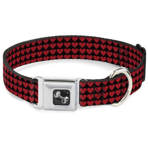Buckle-Down 9-15" Mini Hearts Black/Red Dog Collar Bone, Small