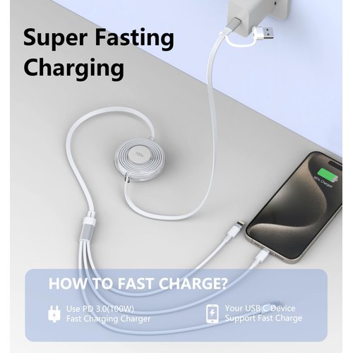 3-in-1 Retractable Multi Charging Cable, 100W Fast Charging USB-C/A to Lightning/USB-C/Micro USB Phone Charger Cord for iPhone 16/15, Samsung, MacBook, iPad （White）