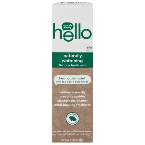 Hello Oral Care Naturally Whitening Fluoride Toothpaste, Vegan & SLS Free, Farm Grown Mint with Tea Tree Oil Coconut Oil, 4.7 Ounce